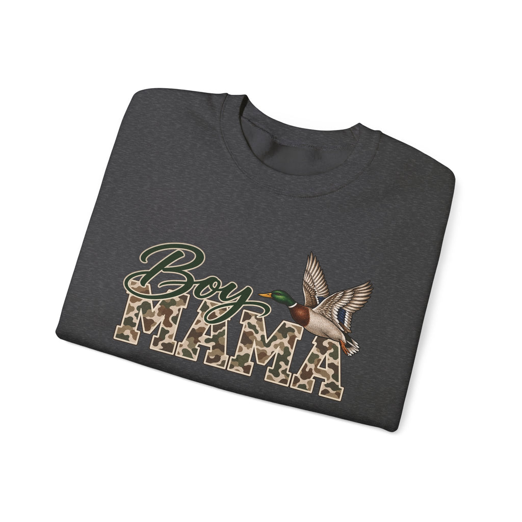 Boy Mama Crewneck Sweatshirt — Camo Lettering with Flying Duck