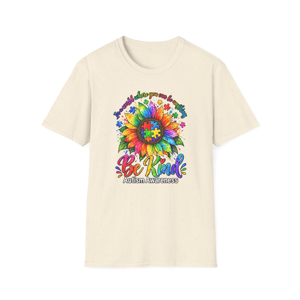 Autism Awareness Sunflower T-Shirt — 'Be Kind' Rainbow Puzzle Design