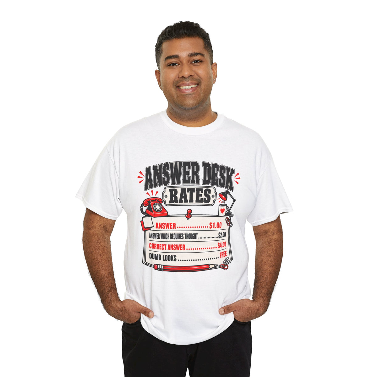 Answer Desk Rates T-Shirt — Funny Help Desk IT Support Tee ("Answer 1.00, Correct Answer 4.00")