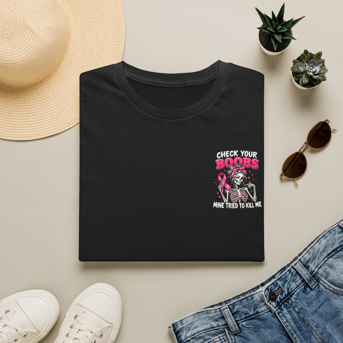 Breast Cancer Awareness T-Shirt — “Check Your Boobs, Mine Tried to Kill Me” Graphic Tee