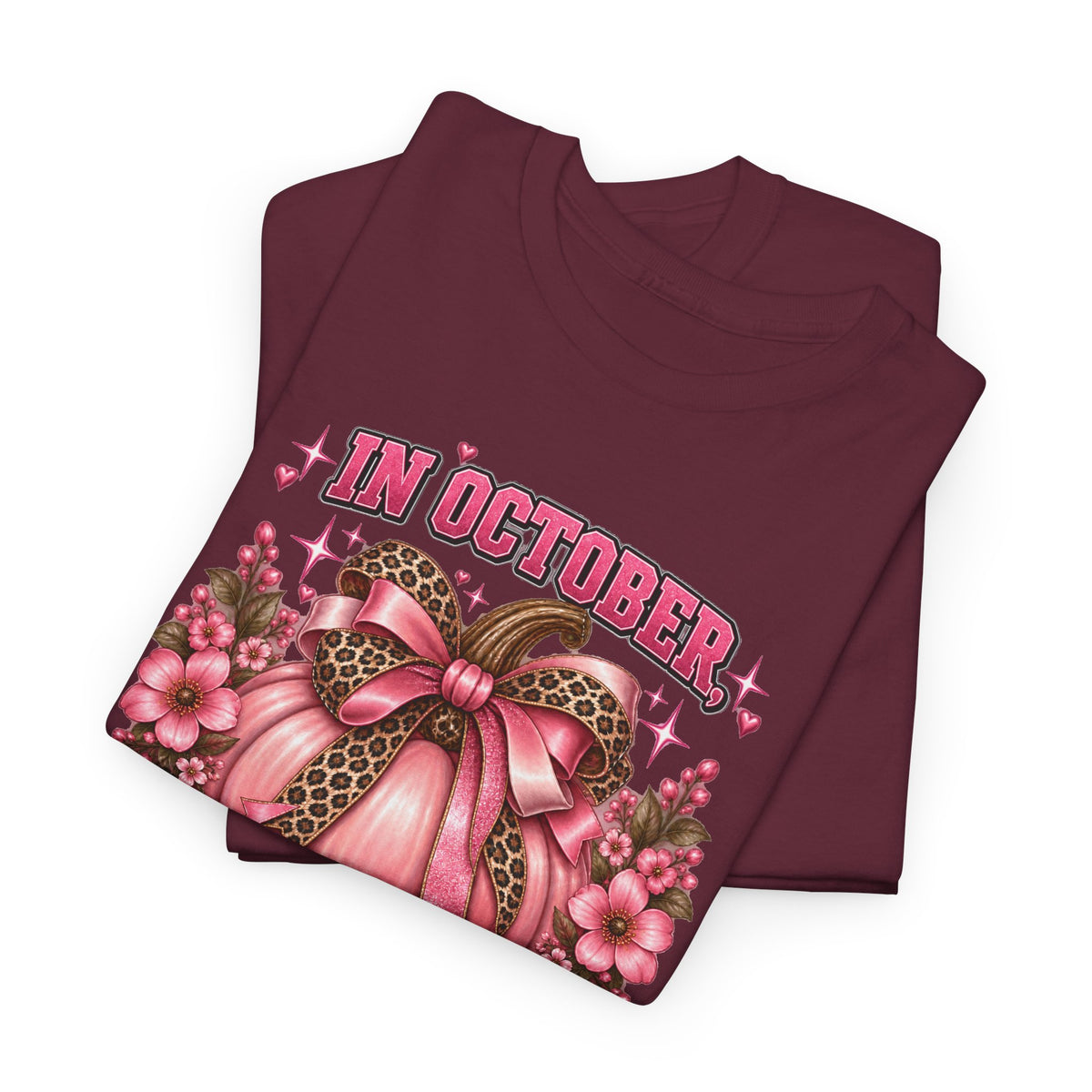 Breast Cancer Awareness T-Shirt — "In October We Wear Pink" Pumpkin Design