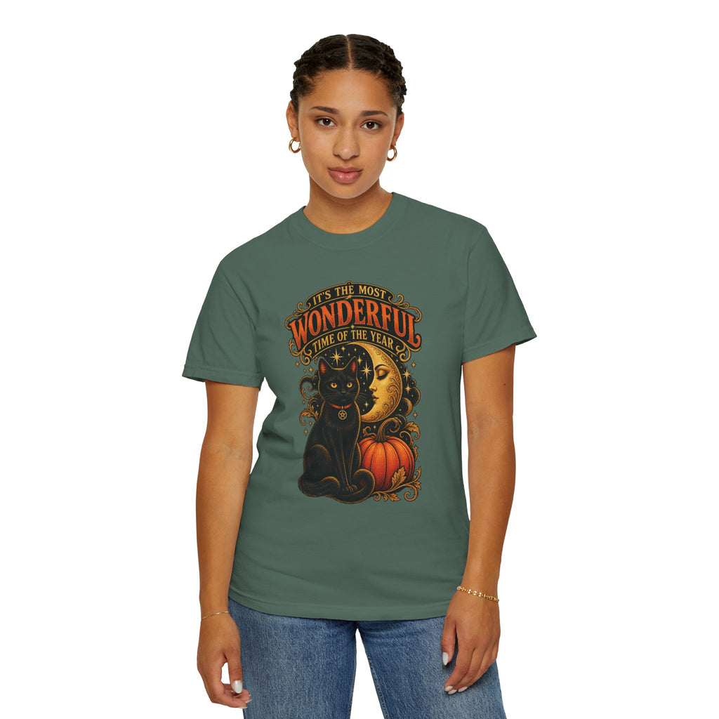T-Shirt — "It's the Most Wonderful Time of the Year" Halloween Black Cat & Pumpkin
