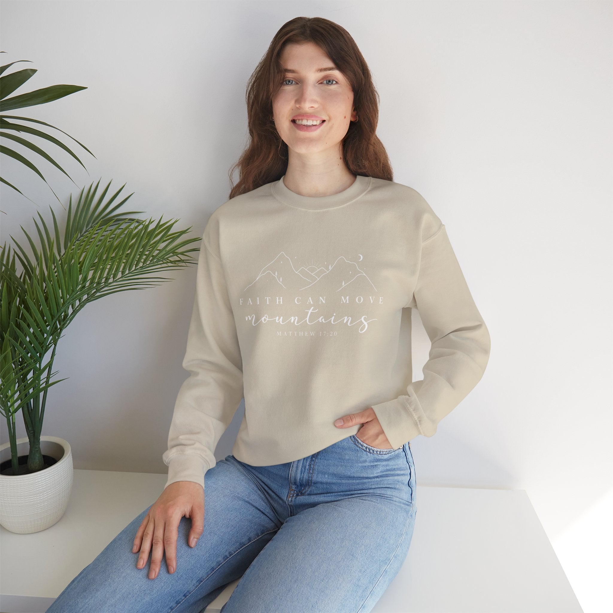 Faith Can Move Mountains Crewneck Sweatshirt — Matthew 17:20 Christian Mountain Design