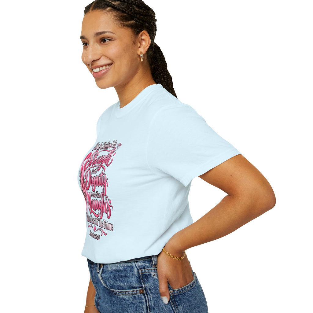 Breast Cancer Awareness T-Shirt — "She is Clothed in Strength" Pink Ribbon Tee