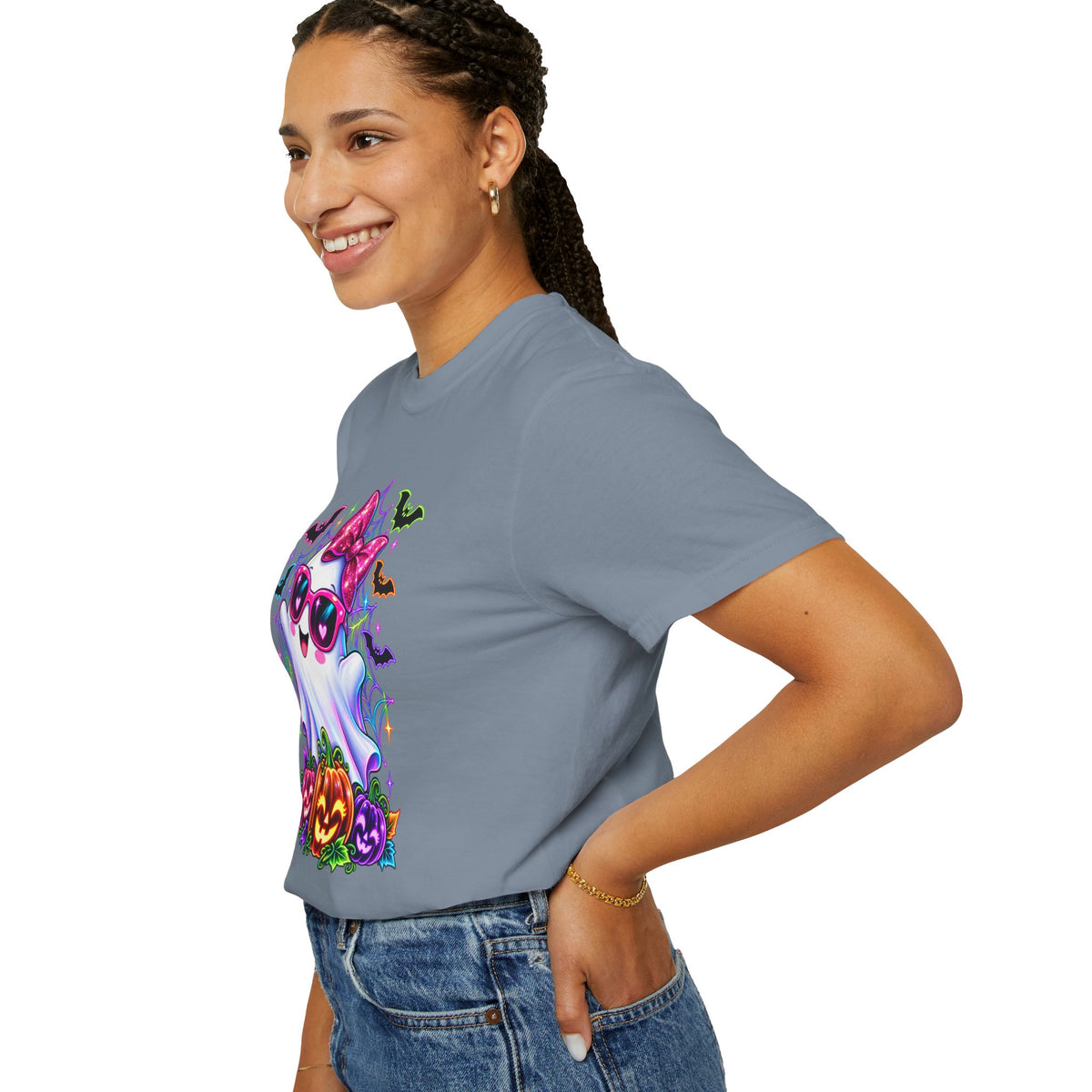 Cute Halloween Ghost T-Shirt — Pink Bow Ghost with Sunglasses & Pumpkins