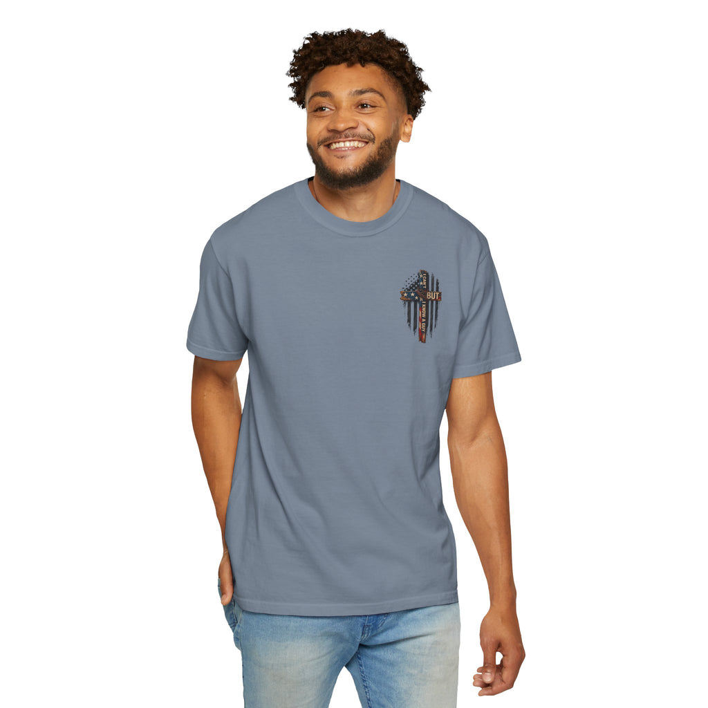 T-Shirt — 'I Can't But I Know A Guy' American Flag Cross Graphic