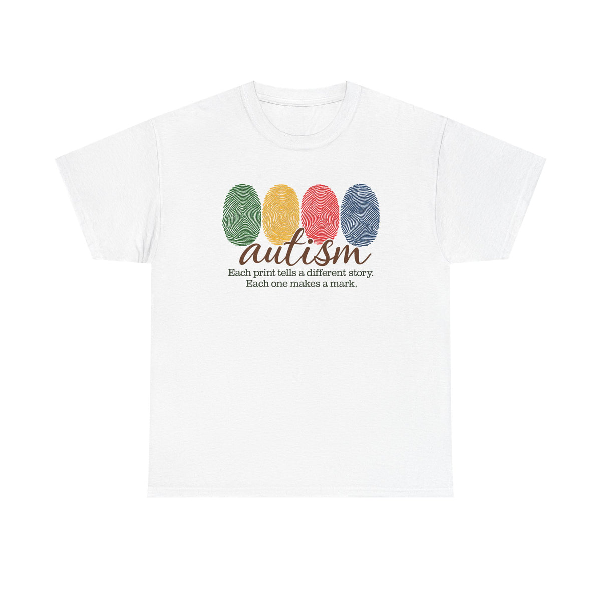 Autism Awareness T-Shirt — "Each Print Tells a Different Story" Colorful Fingerprint Tee