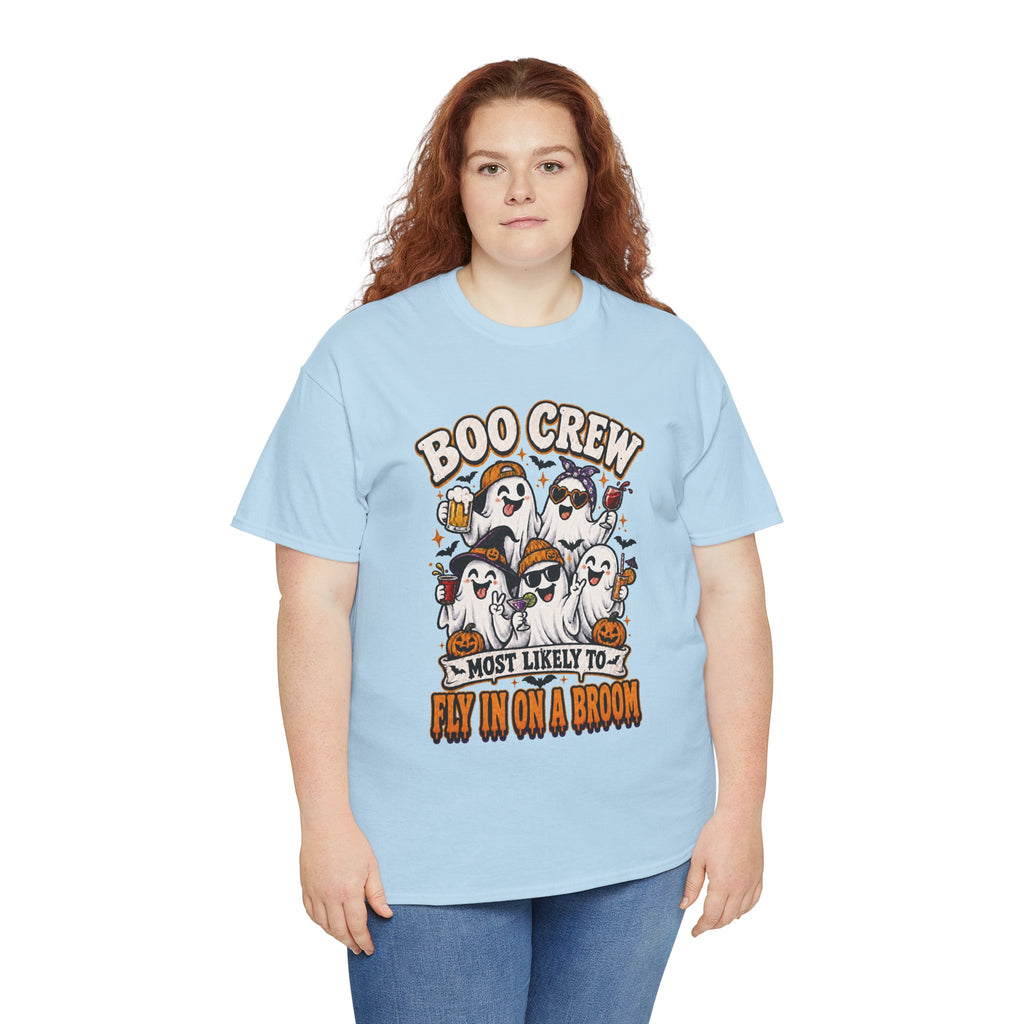 Boo Crew T-Shirt — “Most Likely to Fly on a Broom” Halloween Ghost Tee