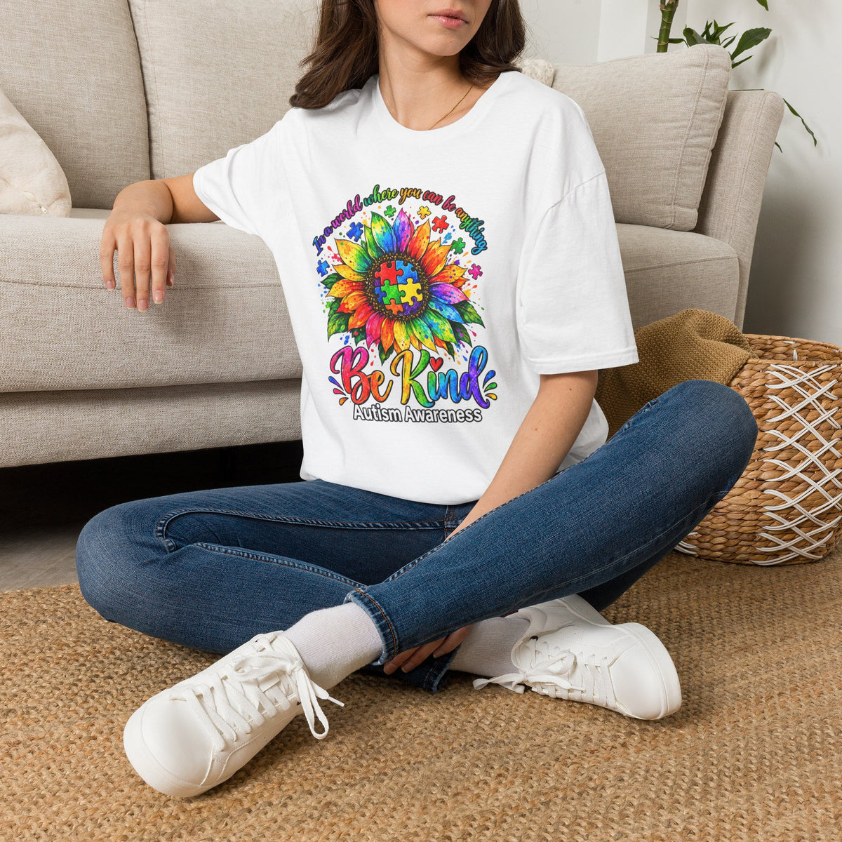 Autism Awareness Sunflower T-Shirt — 'Be Kind' Rainbow Puzzle Design