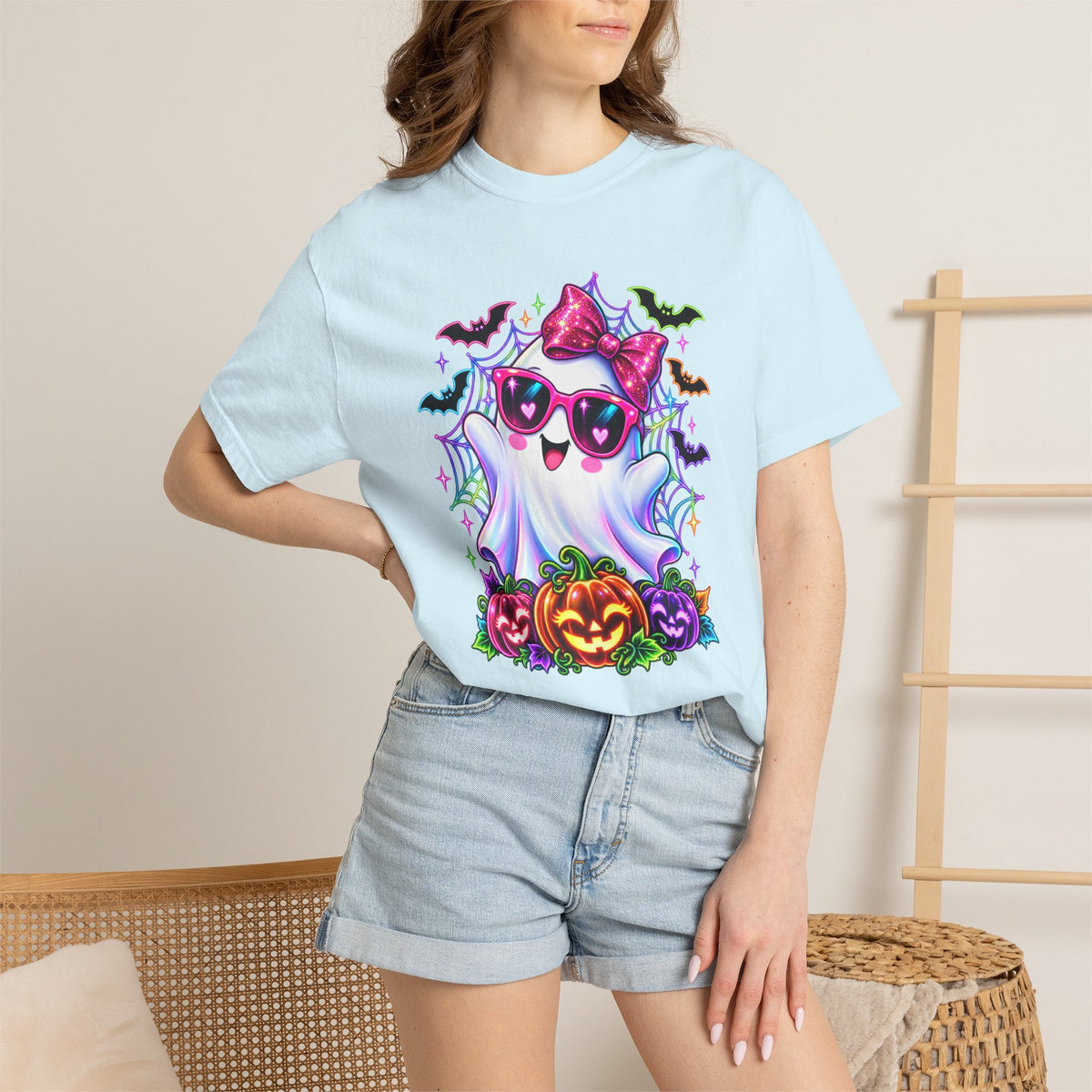 Cute Halloween Ghost T-Shirt — Pink Bow Ghost with Sunglasses & Pumpkins
