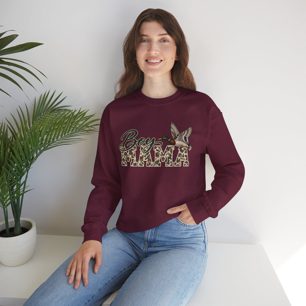 Boy Mama Crewneck Sweatshirt — Camo Lettering with Flying Duck
