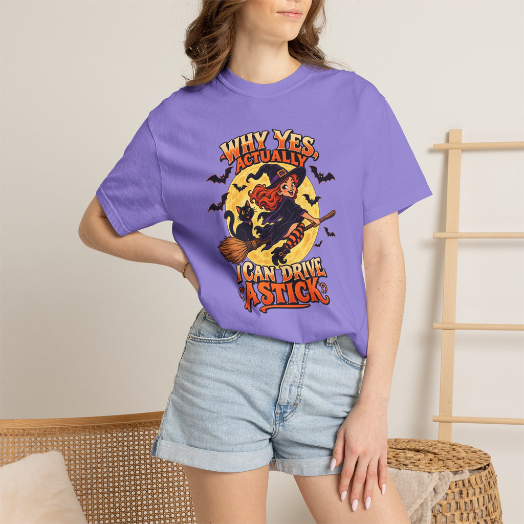 Witch Broom Halloween T-Shirt — "Why Yes Actually I Can Drive A Stick"