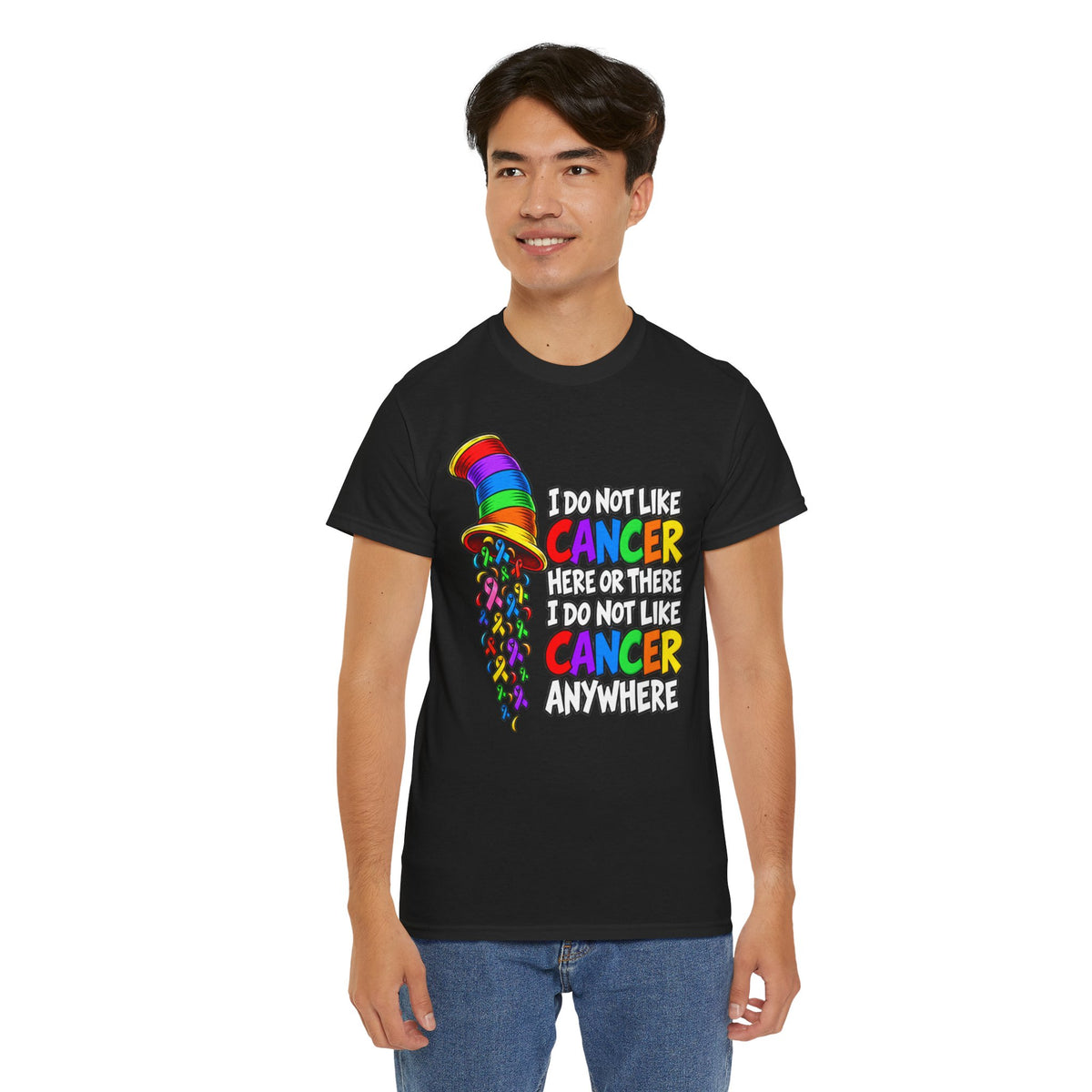 Cancer Awareness T-Shirt — “I Do Not Like Cancer Here or There” Rainbow Ribbon Tee