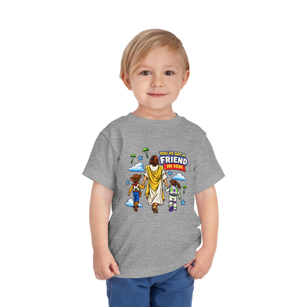 Toddler Tee — "You’ve Got a Friend in Him" Cartoon Faith & Toy Heroes Shirt