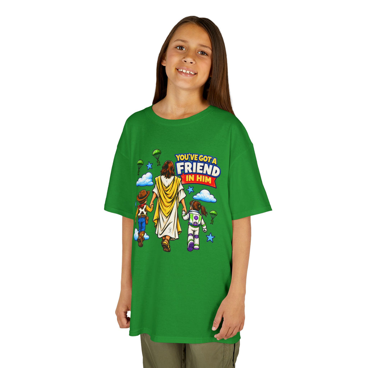 Kids Tee — "You've Gotta Friend in Him" Inspirational Jesus & Toy Friends Graphic