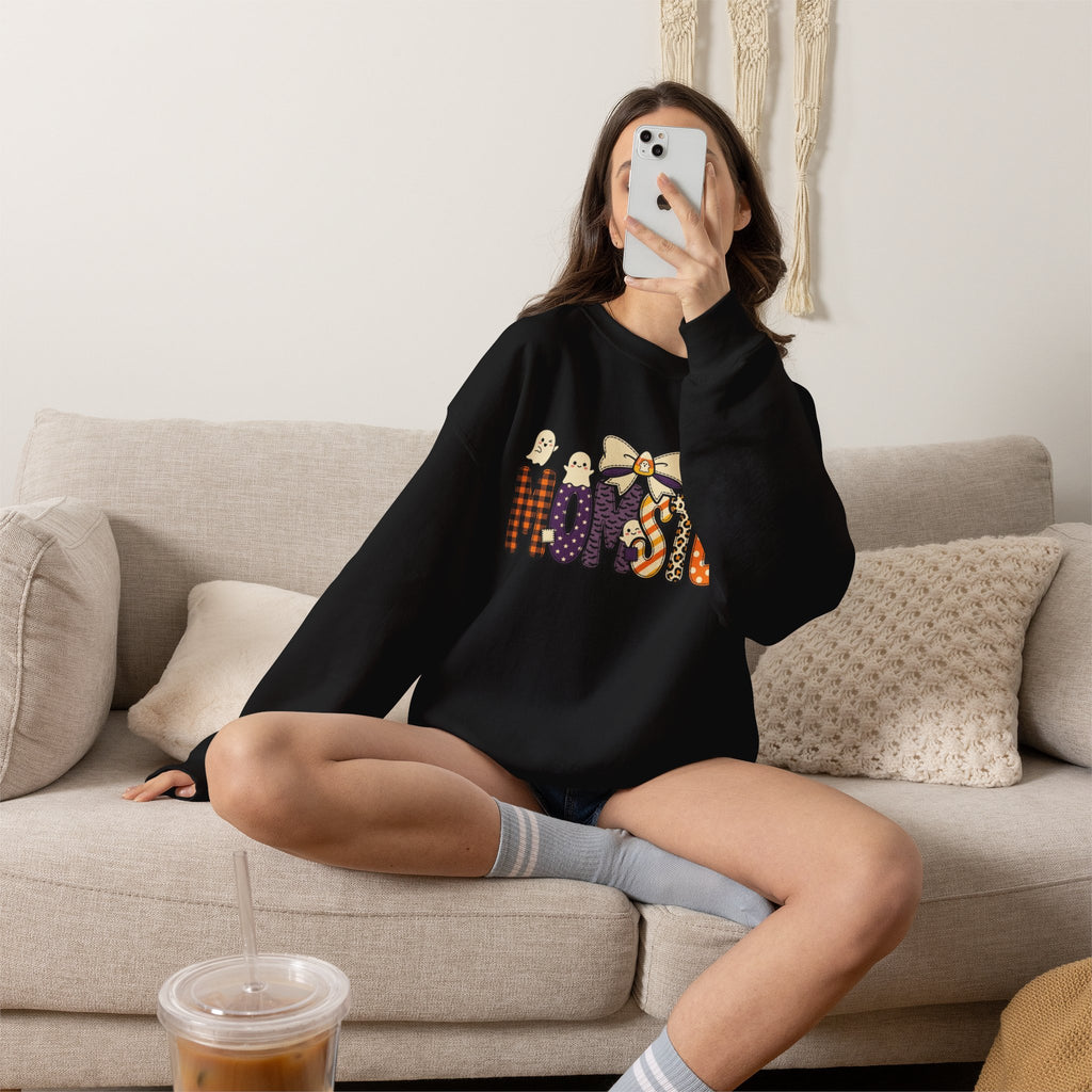 Momster Halloween Sweater | Momster Crewneck Sweatshirt, Halloween mom, purple orange spooky lettering