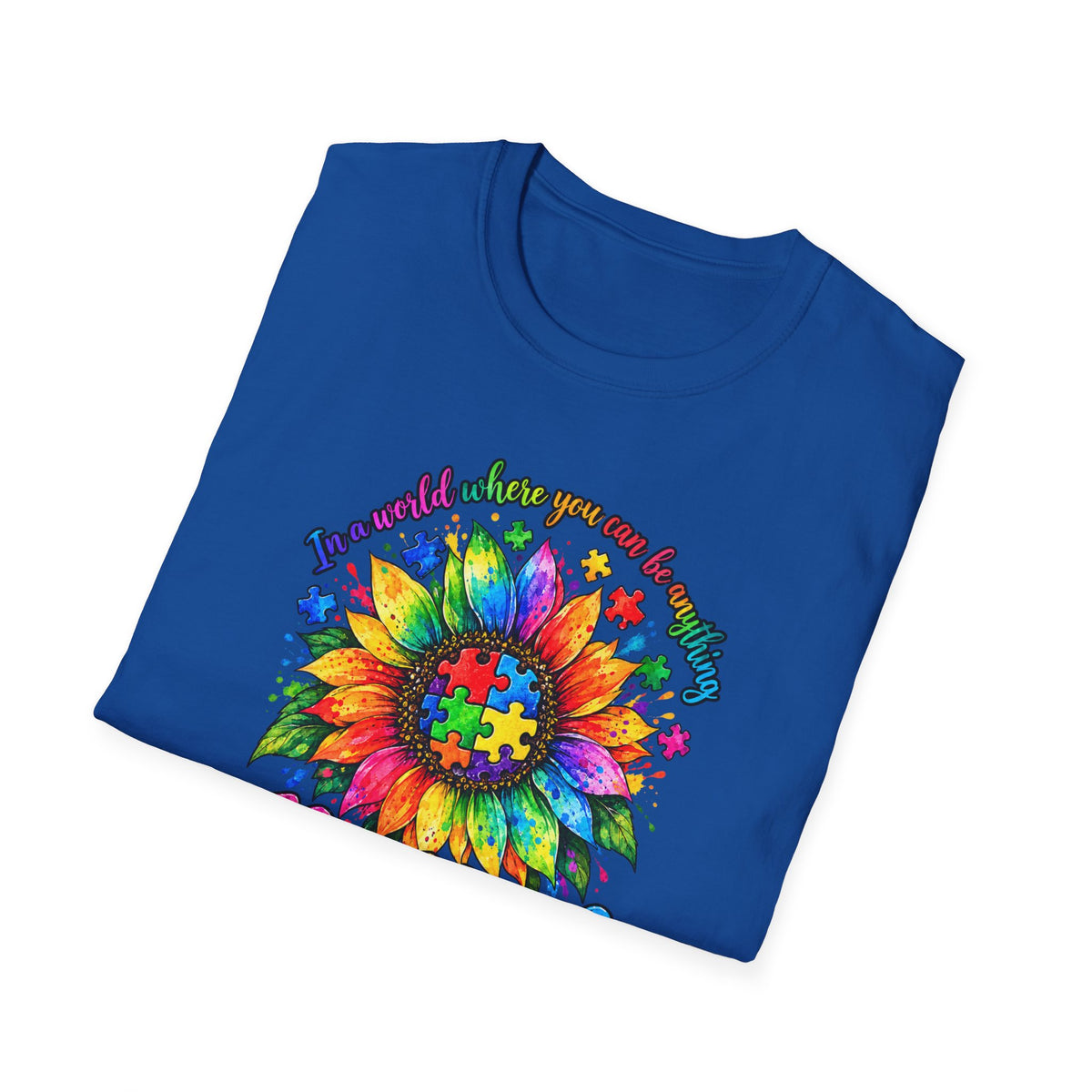 Autism Awareness Sunflower T-Shirt — 'Be Kind' Rainbow Puzzle Design