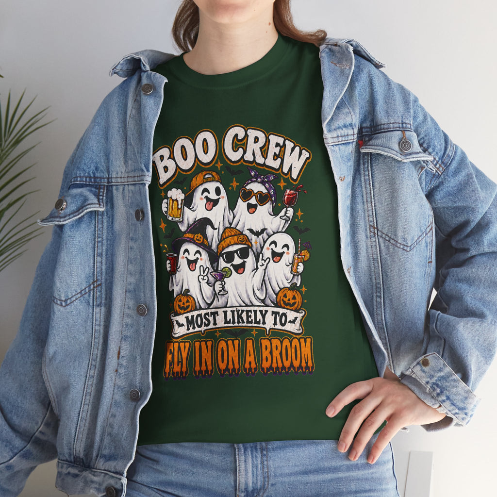 Boo Crew T-Shirt — “Most Likely to Fly on a Broom” Halloween Ghost Tee