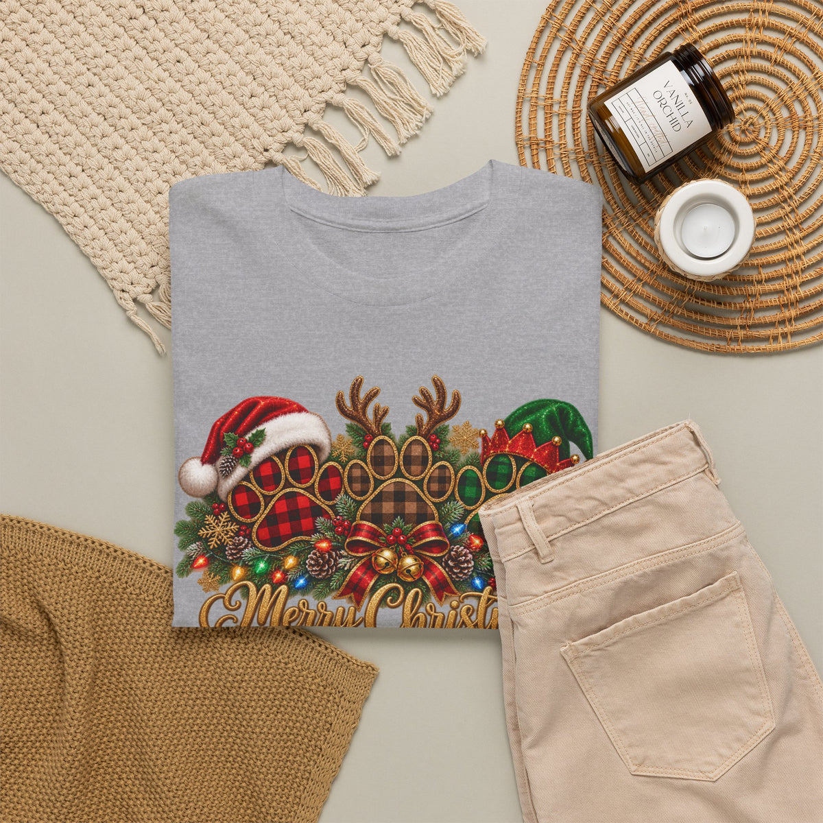 Merry Christmas Paw Prints Holiday Graphic Tee