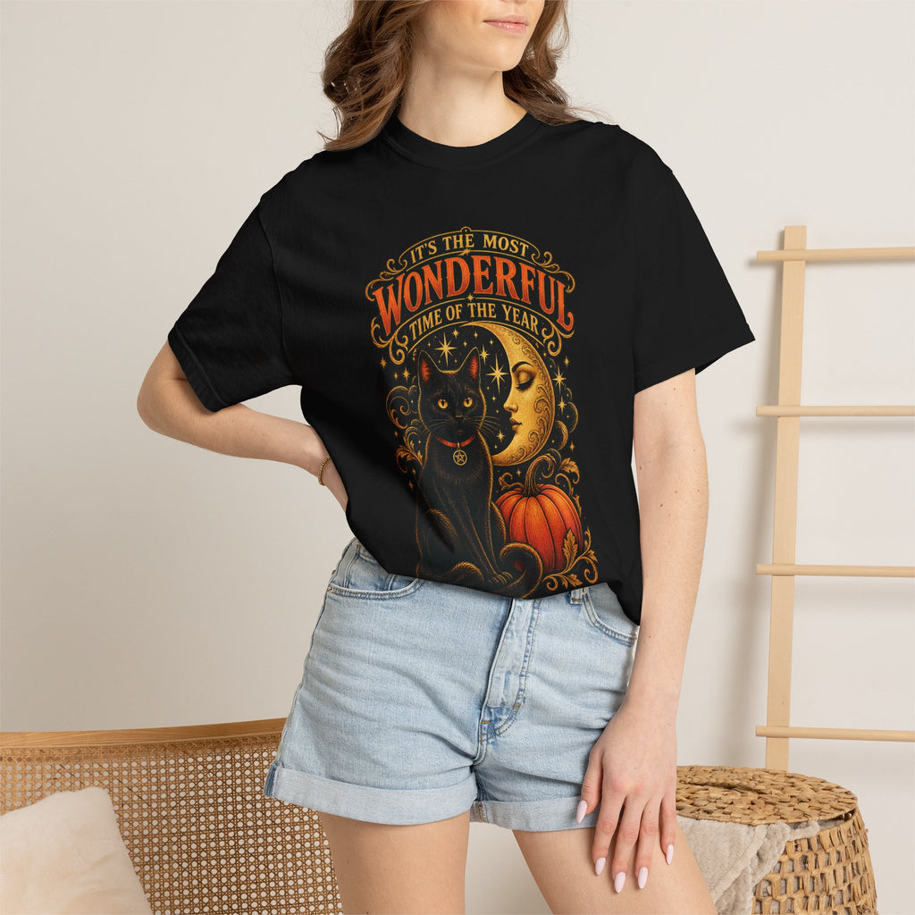 T-Shirt — "It's the Most Wonderful Time of the Year" Halloween Black Cat & Pumpkin