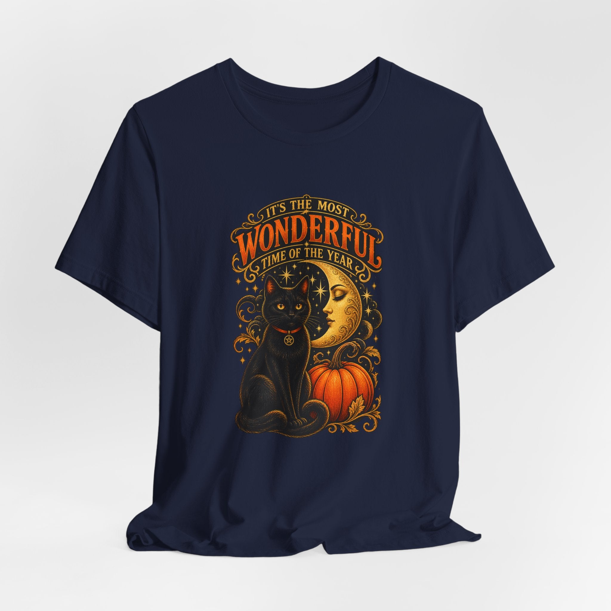 Halloween Cat Tee — "It's the Most Wonderful Time of the Year" Pumpkin & Moon Shirt