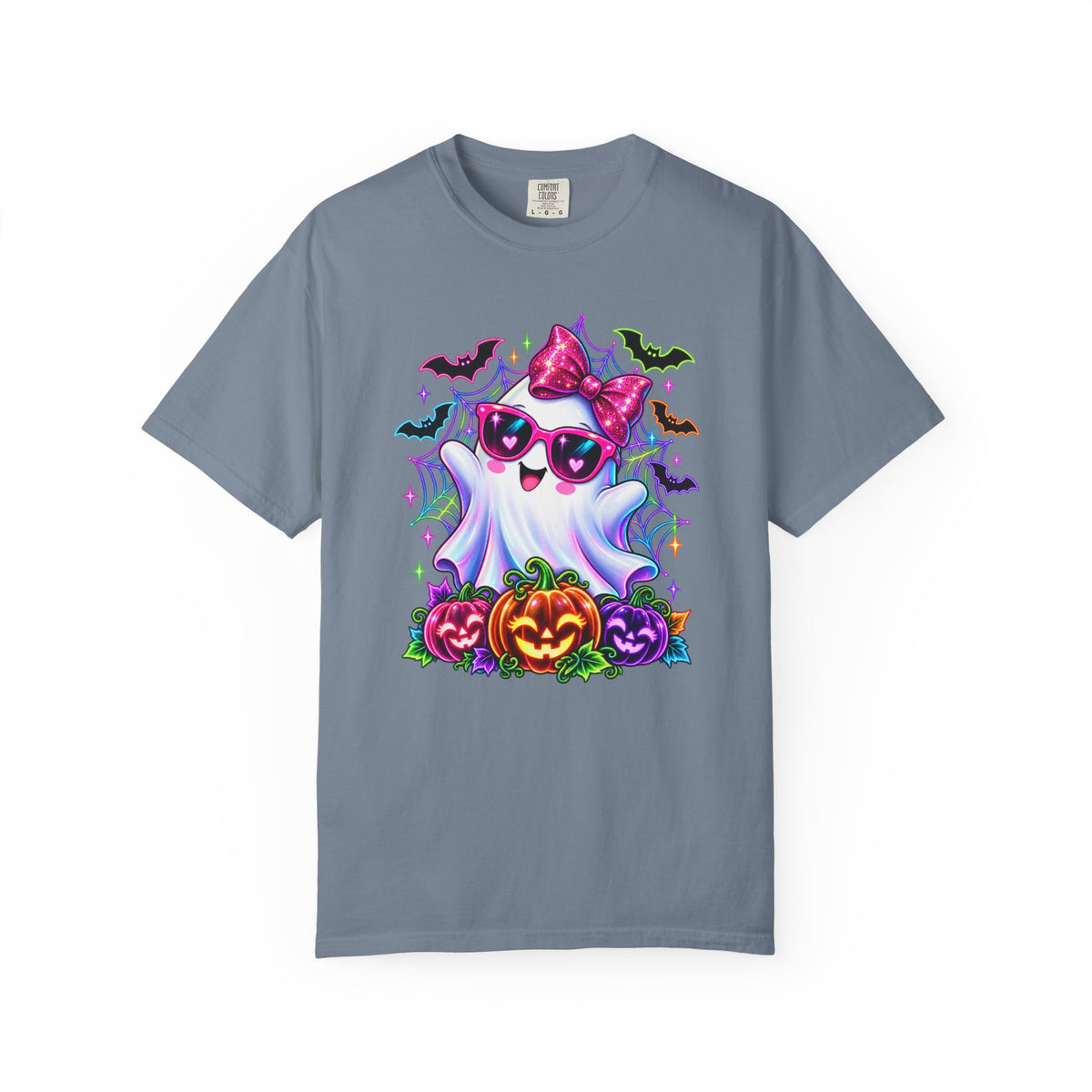 Cute Halloween Ghost T-Shirt — Pink Bow Ghost with Sunglasses & Pumpkins
