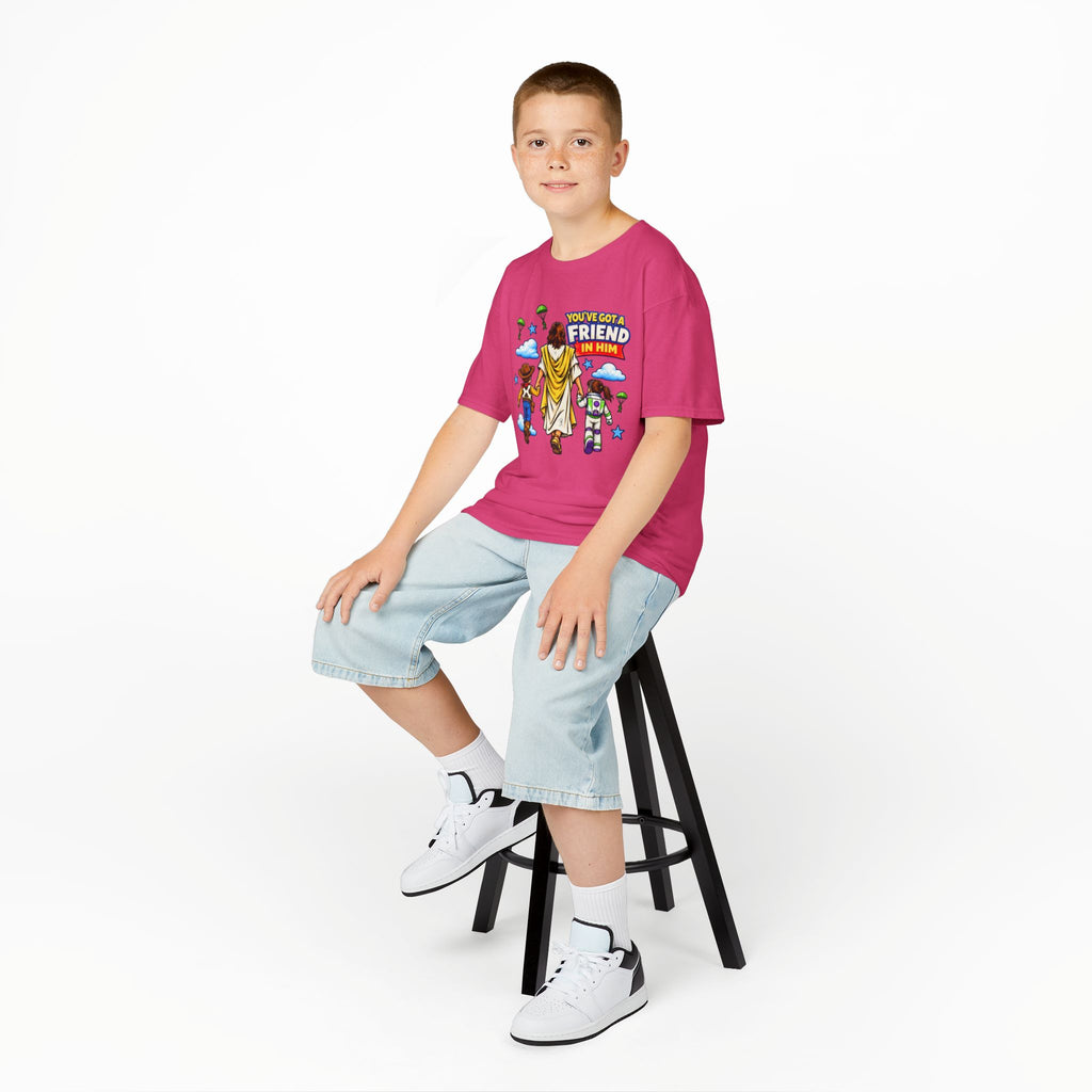 Kids Tee — "You've Gotta Friend in Him" Inspirational Jesus & Toy Friends Graphic