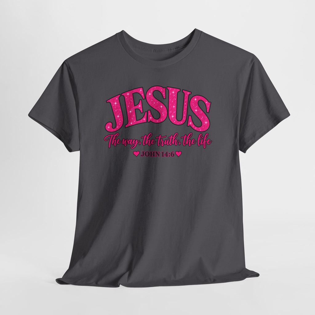 Christian T-Shirt — "JESUS The way, the truth, the life" (John 14:6) Pink Vintage Script