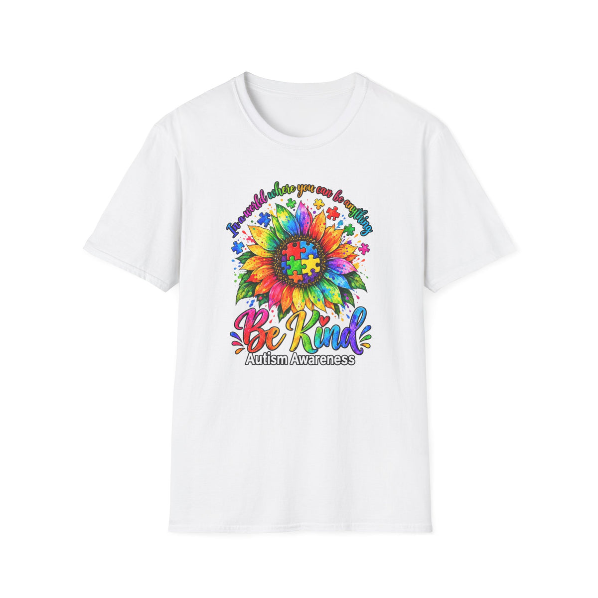 Autism Awareness Sunflower T-Shirt — 'Be Kind' Rainbow Puzzle Design