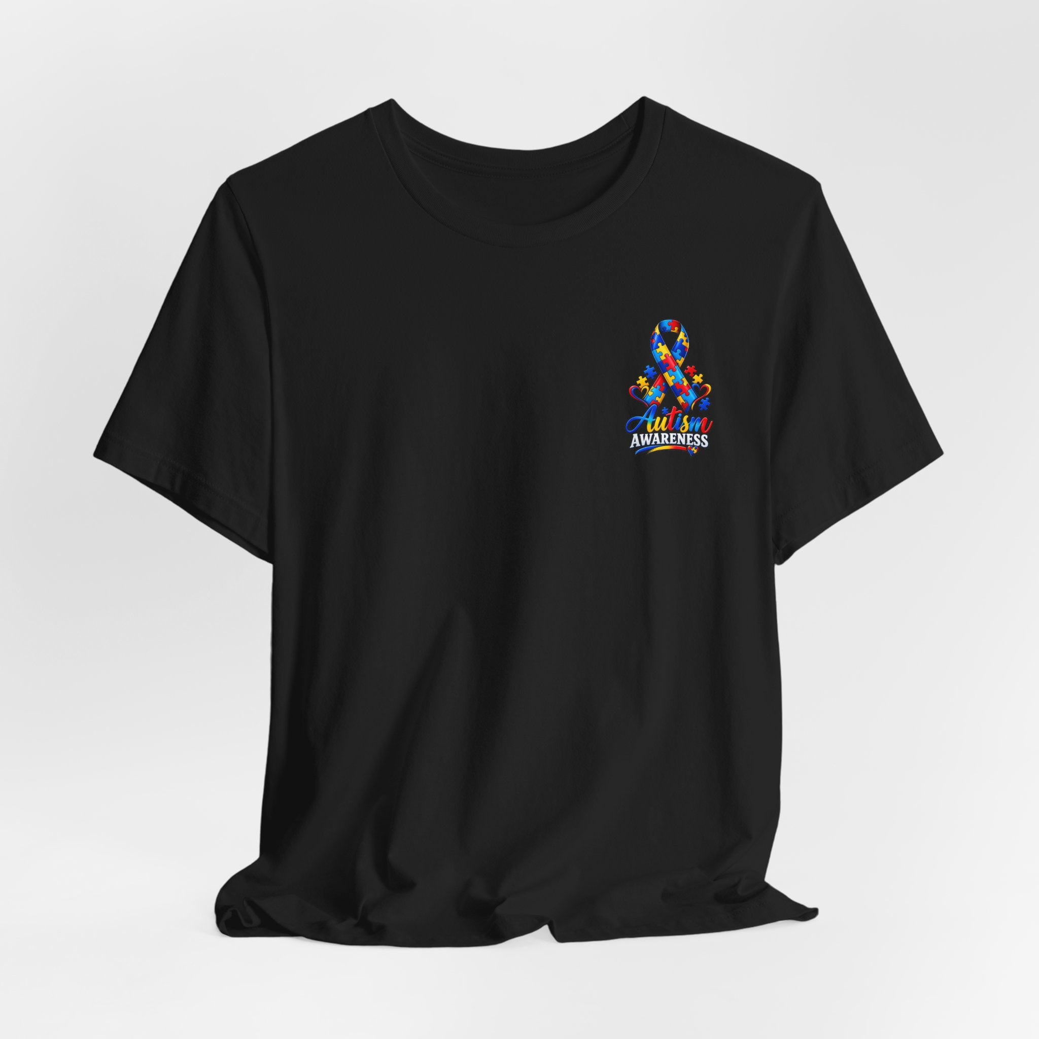 Autism Awareness Ribbon Chest Tee — 'Different, Not Less' Short Sleeve T-Shirt