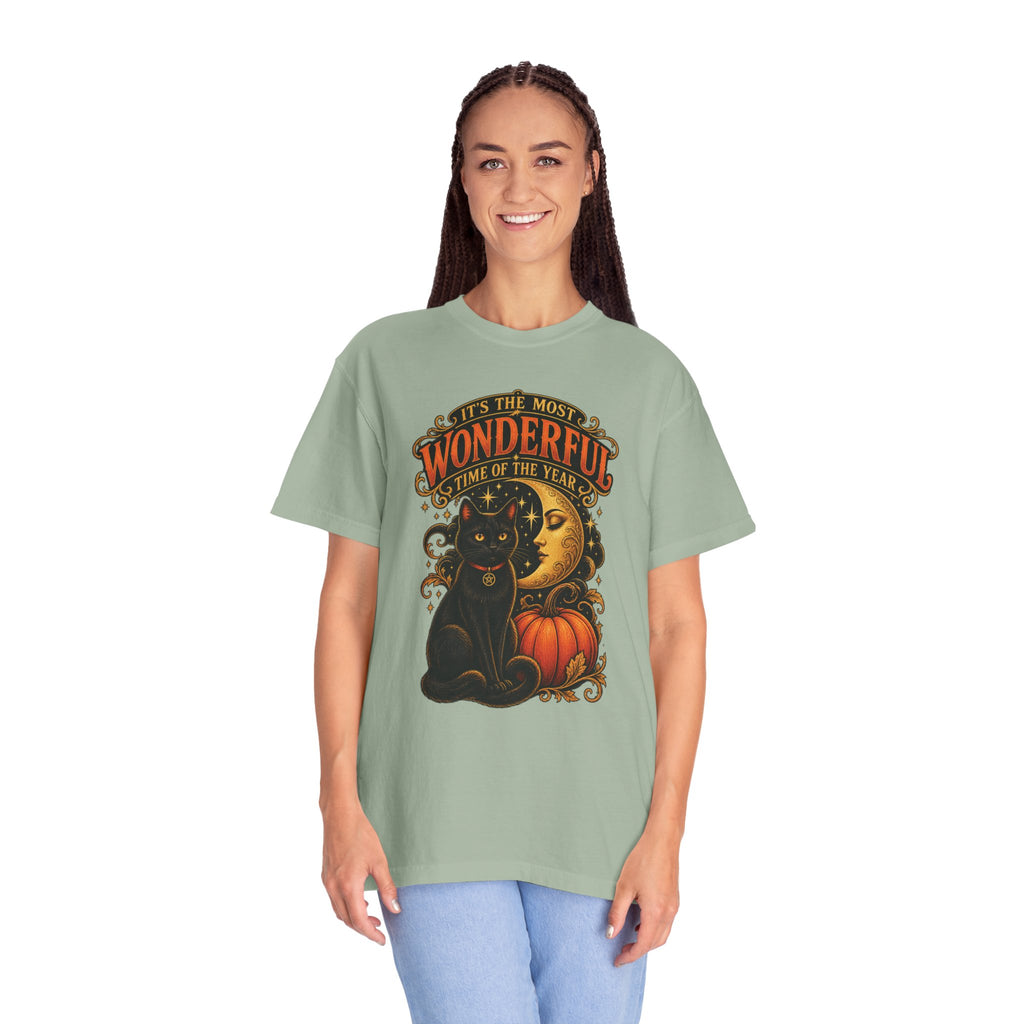 T-Shirt — "It's the Most Wonderful Time of the Year" Halloween Black Cat & Pumpkin