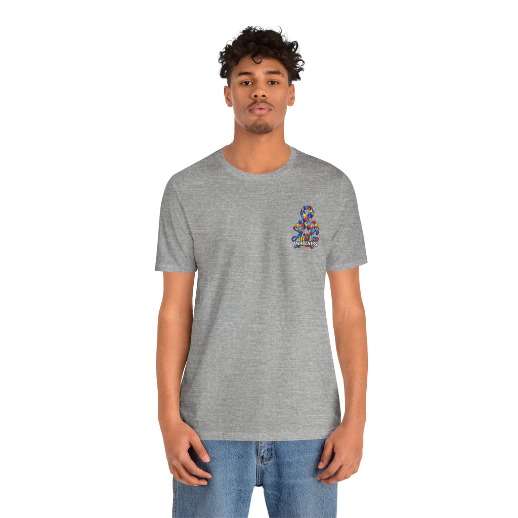 Autism Awareness Ribbon Chest Tee — 'Different, Not Less' Short Sleeve T-Shirt