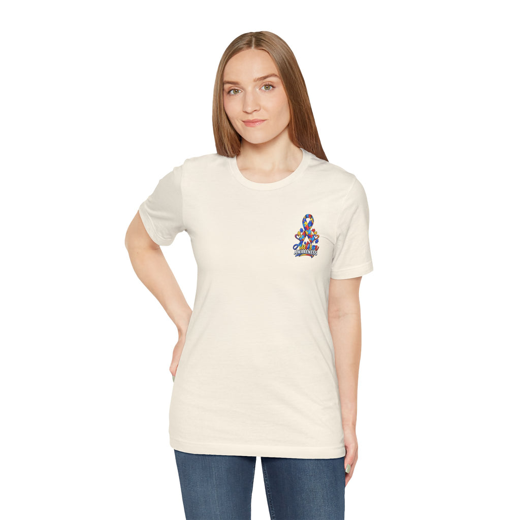 Autism Awareness Ribbon Chest Tee — 'Different, Not Less' Short Sleeve T-Shirt