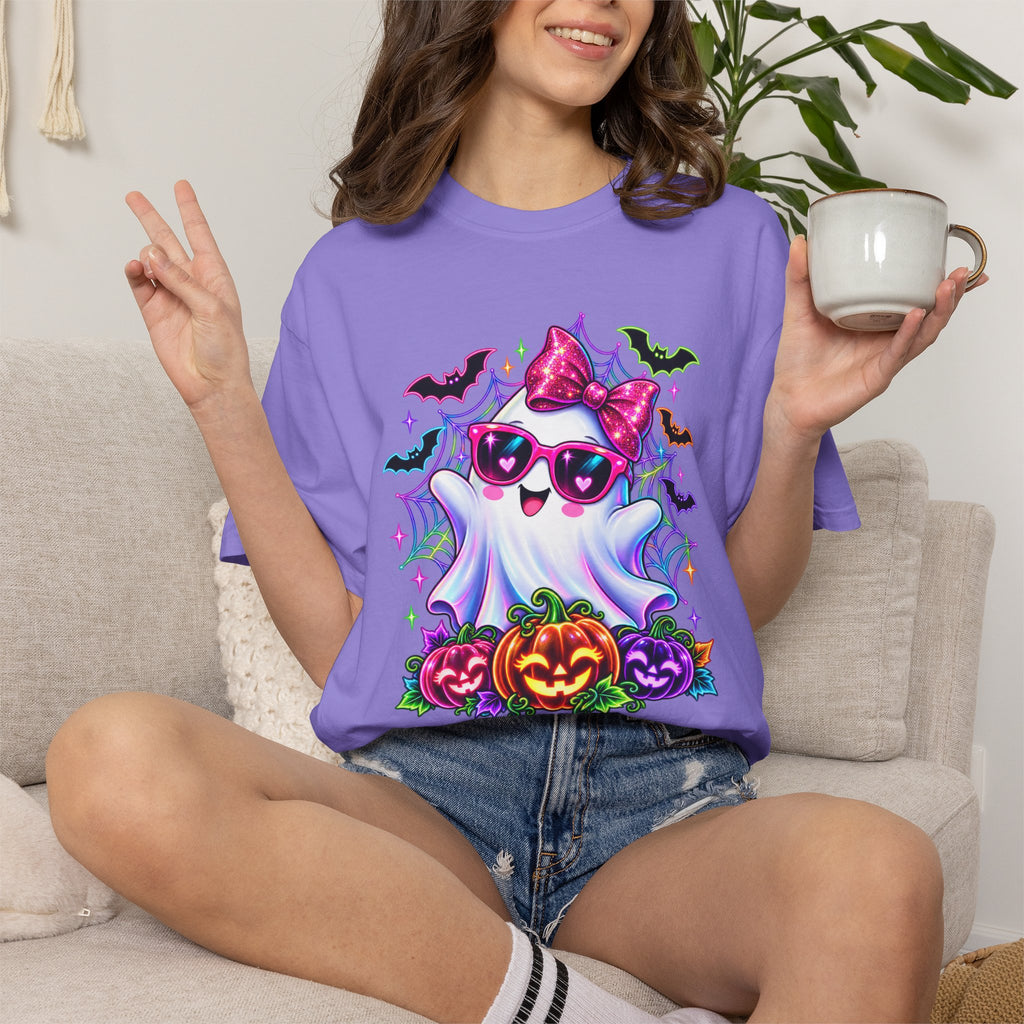 Cute Halloween Ghost T-Shirt — Pink Bow Ghost with Sunglasses & Pumpkins