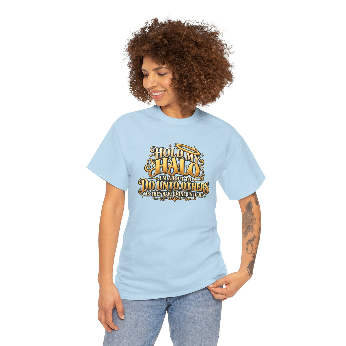 T-Shirt — "Hold My Halo I'm About To Do Unto Others" Vintage Faith Graphic Tee