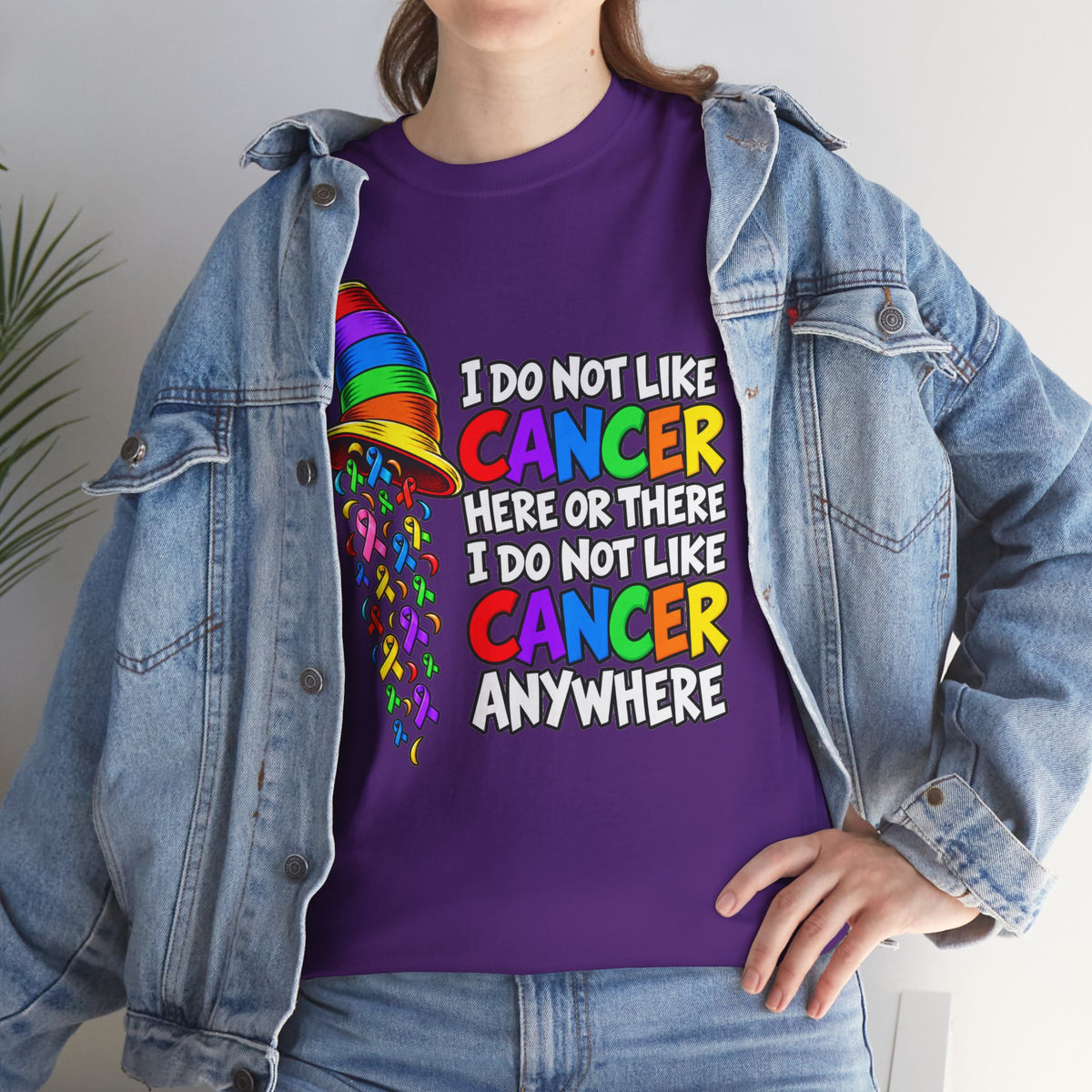 Cancer Awareness T-Shirt — “I Do Not Like Cancer Here or There” Rainbow Ribbon Tee