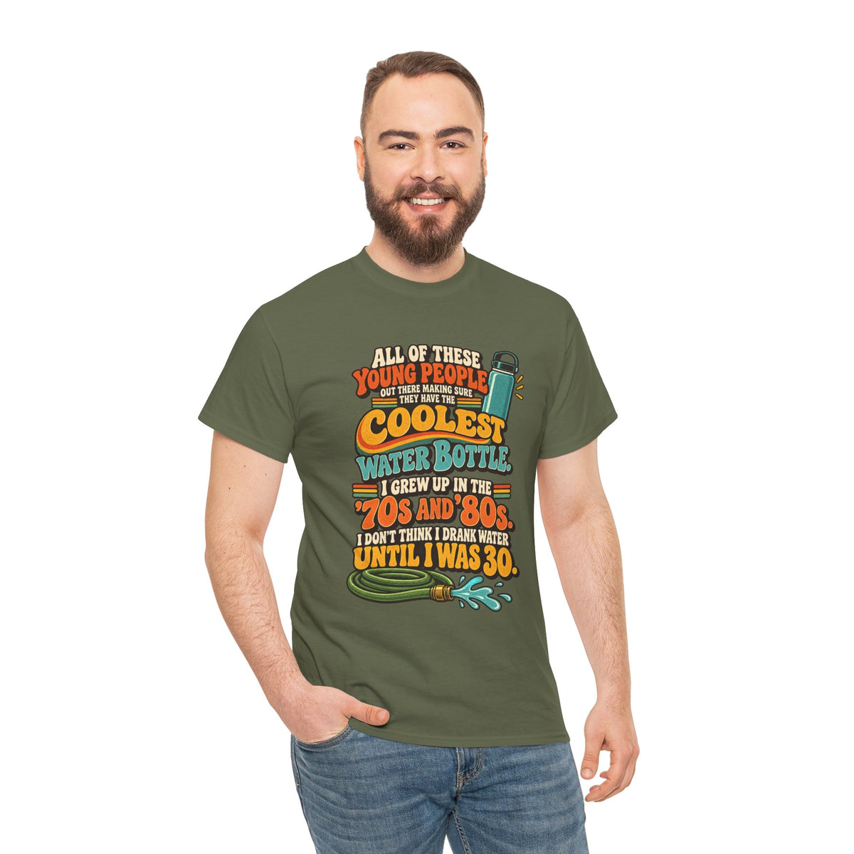 Retro 70s-80s Funny Water Bottle Tee — "Coolest Water Bottle" Graphic T-Shirt