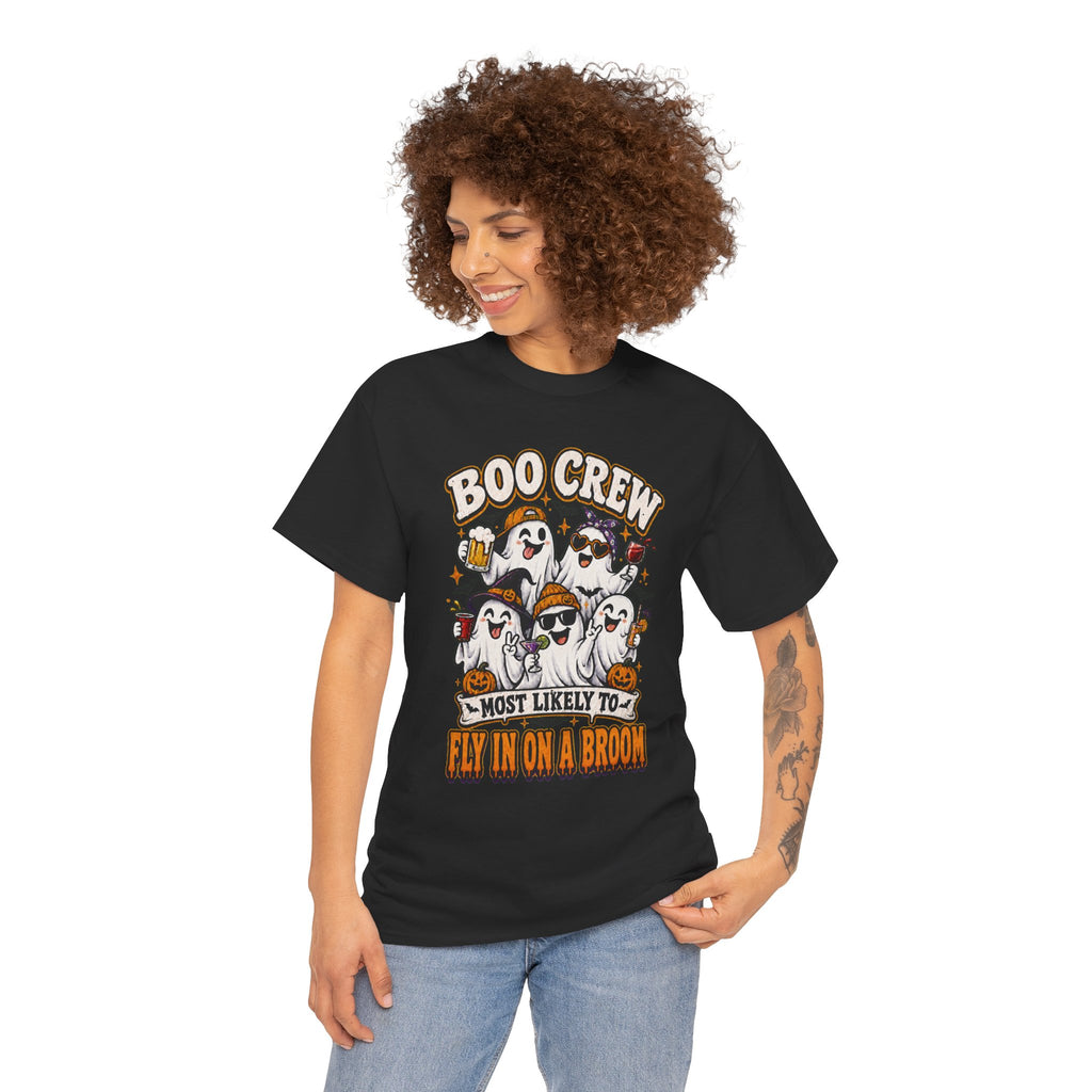 Boo Crew T-Shirt — “Most Likely to Fly on a Broom” Halloween Ghost Tee