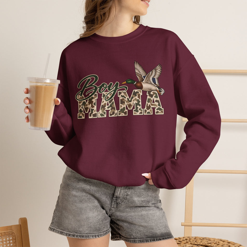 Boy Mama Crewneck Sweatshirt — Camo Lettering with Flying Duck