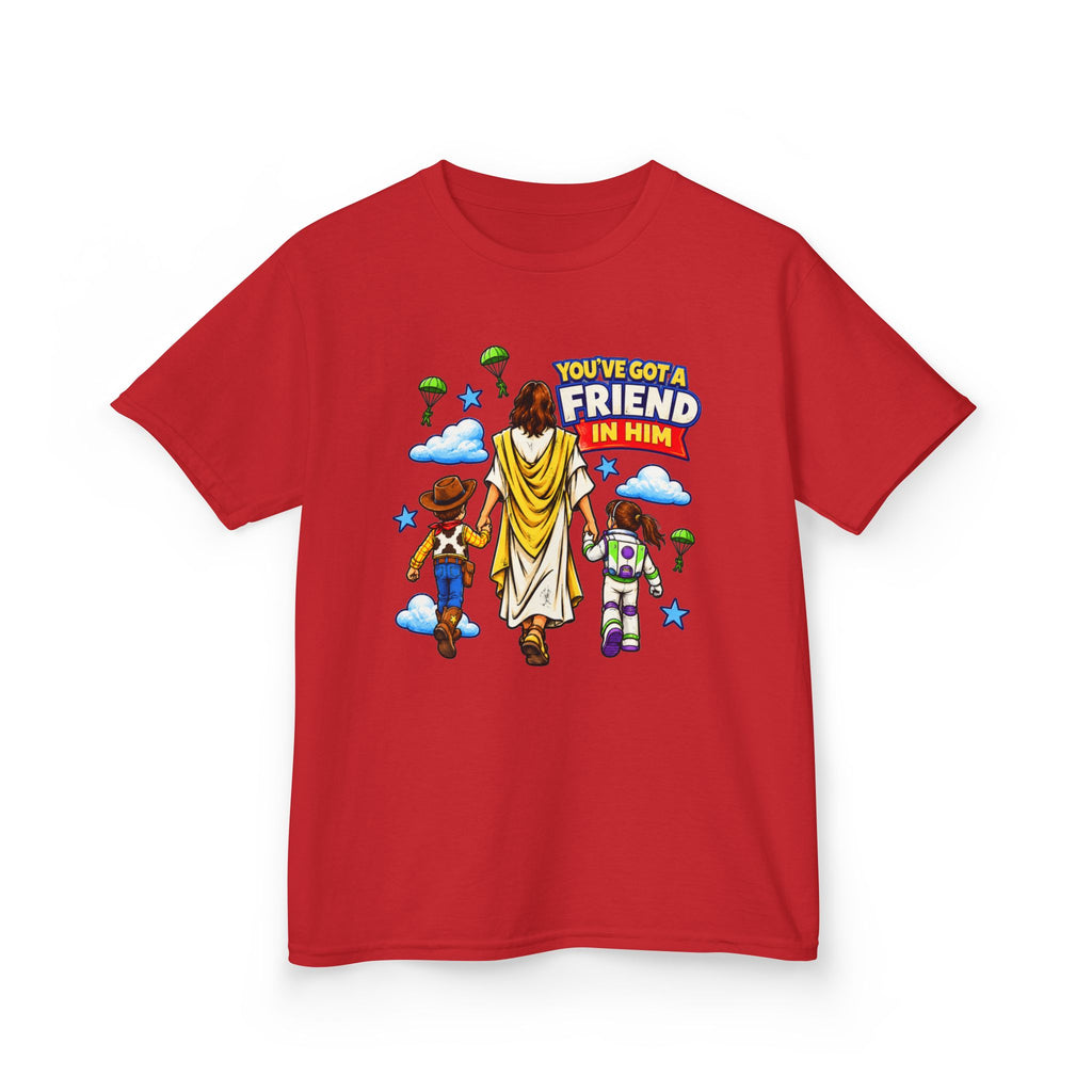 Kids Tee — "You've Gotta Friend in Him" Inspirational Jesus & Toy Friends Graphic