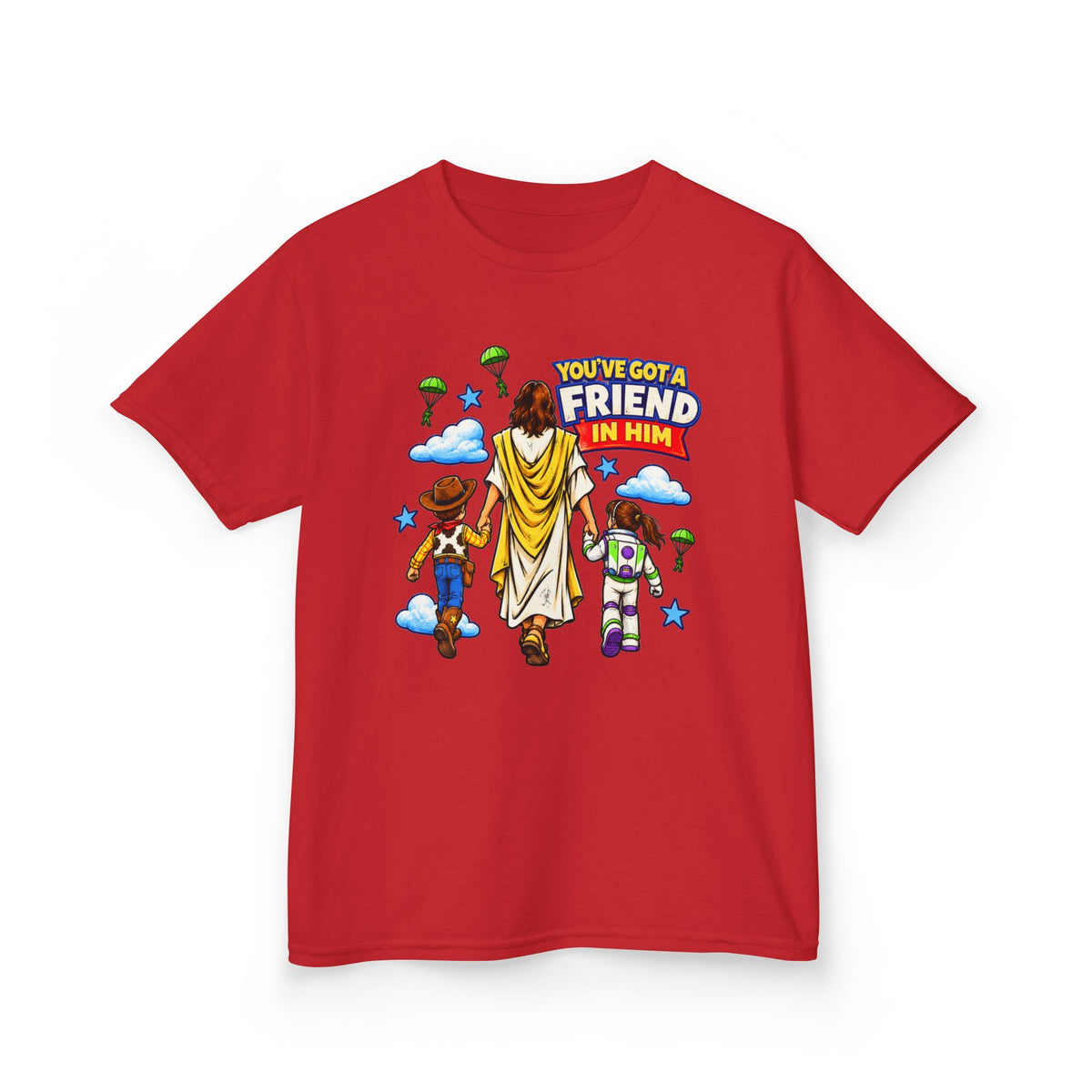 Kids Tee — "You've Gotta Friend in Him" Inspirational Jesus & Toy Friends Graphic
