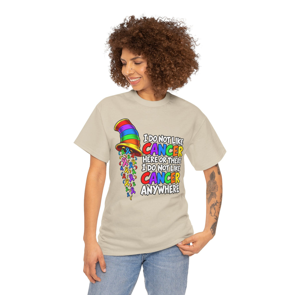 Cancer Awareness T-Shirt — “I Do Not Like Cancer Here or There” Rainbow Ribbon Tee