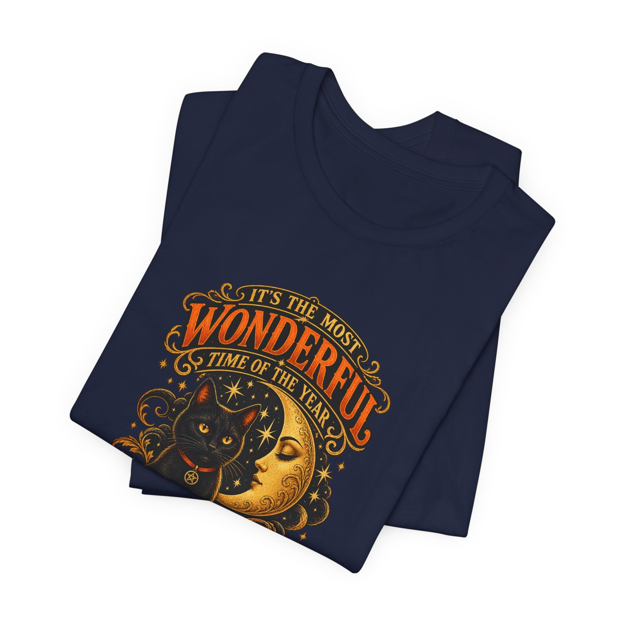 Halloween Cat Tee — "It's the Most Wonderful Time of the Year" Pumpkin & Moon Shirt