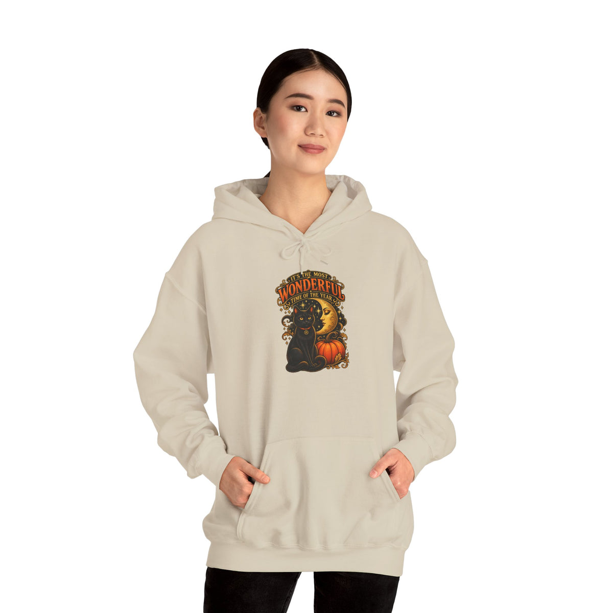 Halloween Black Cat Moon Hoodie – Vintage Pumpkin & Crescent Moon Fall Sweatshirt