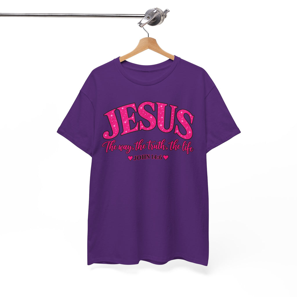 Christian T-Shirt — "JESUS The way, the truth, the life" (John 14:6) Pink Vintage Script