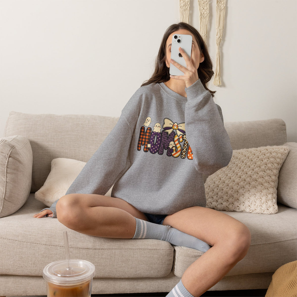 Momster Halloween Sweater | Momster Crewneck Sweatshirt, Halloween mom, purple orange spooky lettering