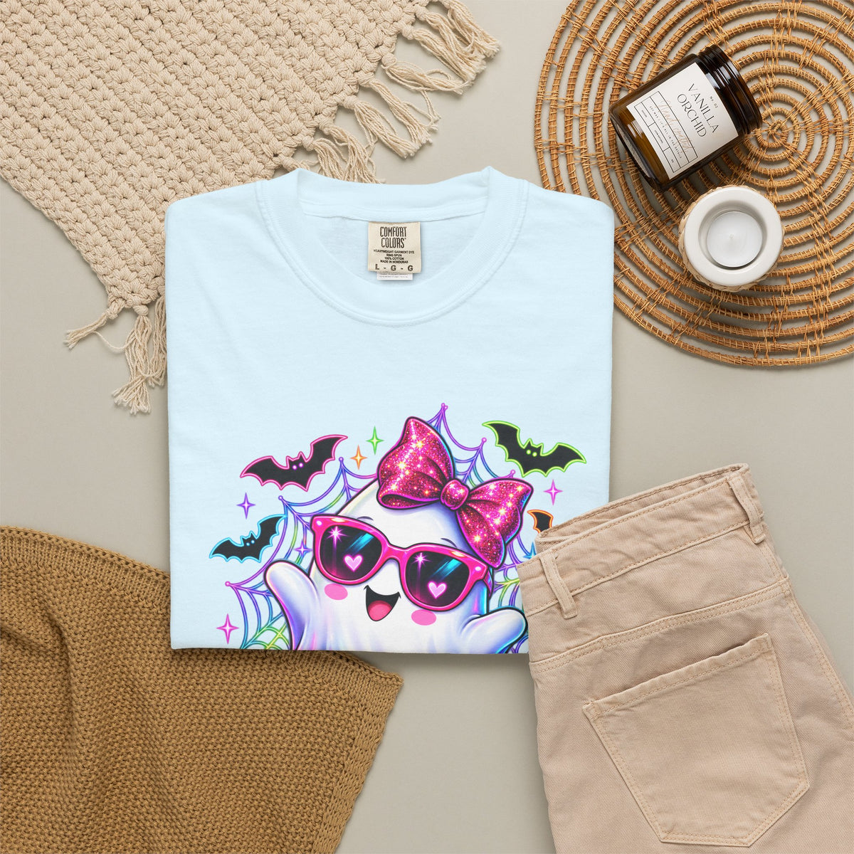 Cute Halloween Ghost T-Shirt — Pink Bow Ghost with Sunglasses & Pumpkins