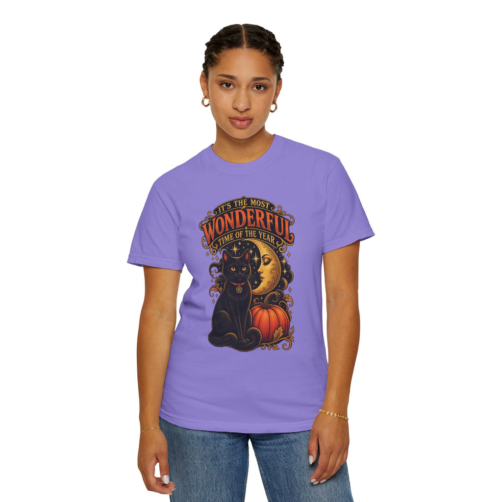 T-Shirt — "It's the Most Wonderful Time of the Year" Halloween Black Cat & Pumpkin