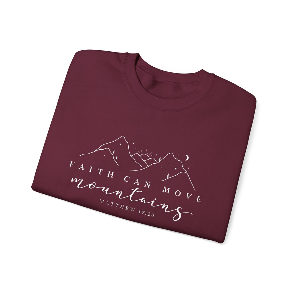 Faith Can Move Mountains Crewneck Sweatshirt — Matthew 17:20 Christian Mountain Design