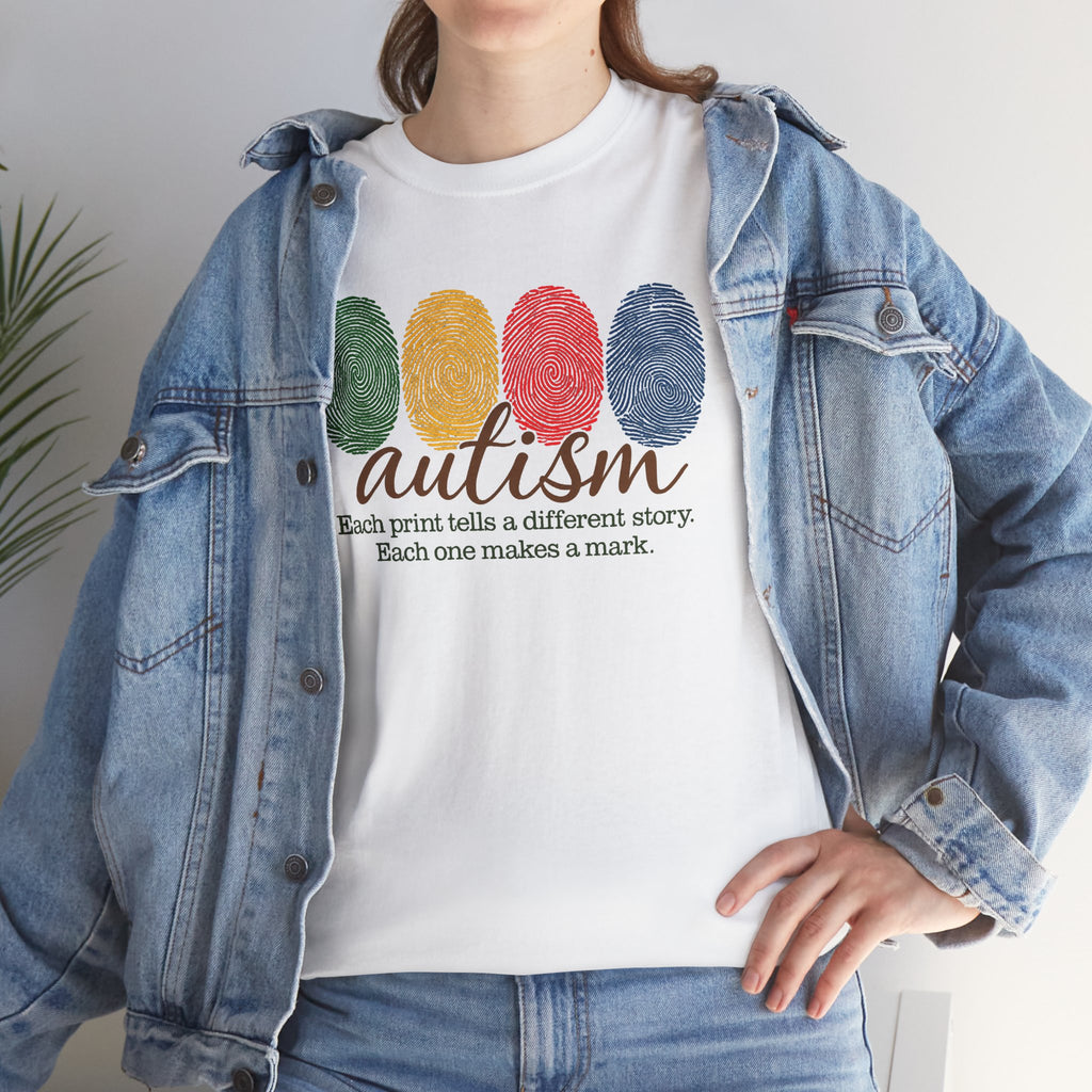 Autism Awareness T-Shirt — "Each Print Tells a Different Story" Colorful Fingerprint Tee